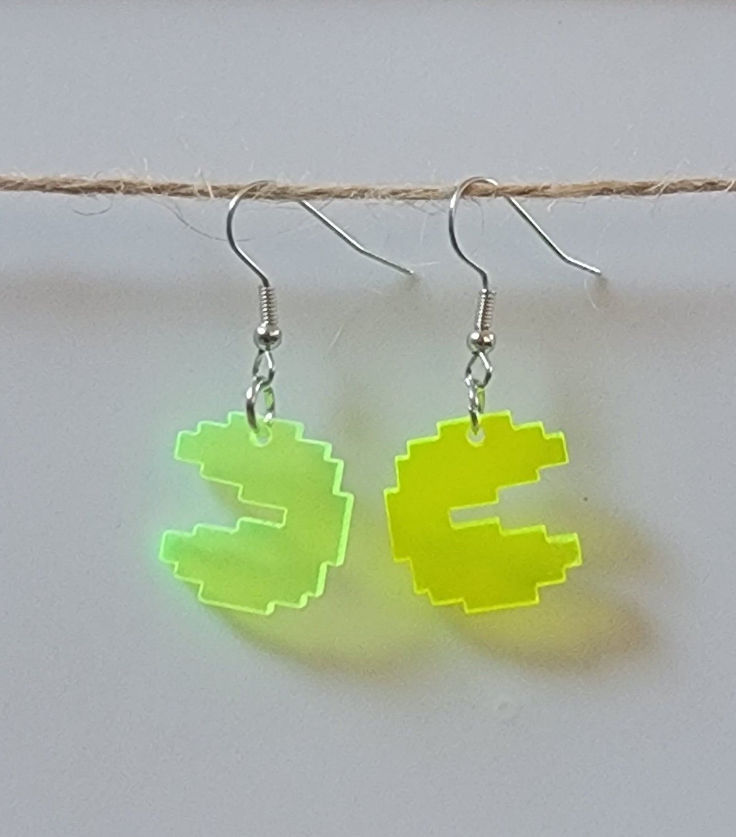 Acrylic Cut Out Pac Man Drop Hook Earrings Hypoallergenic Ear Wires Novelty