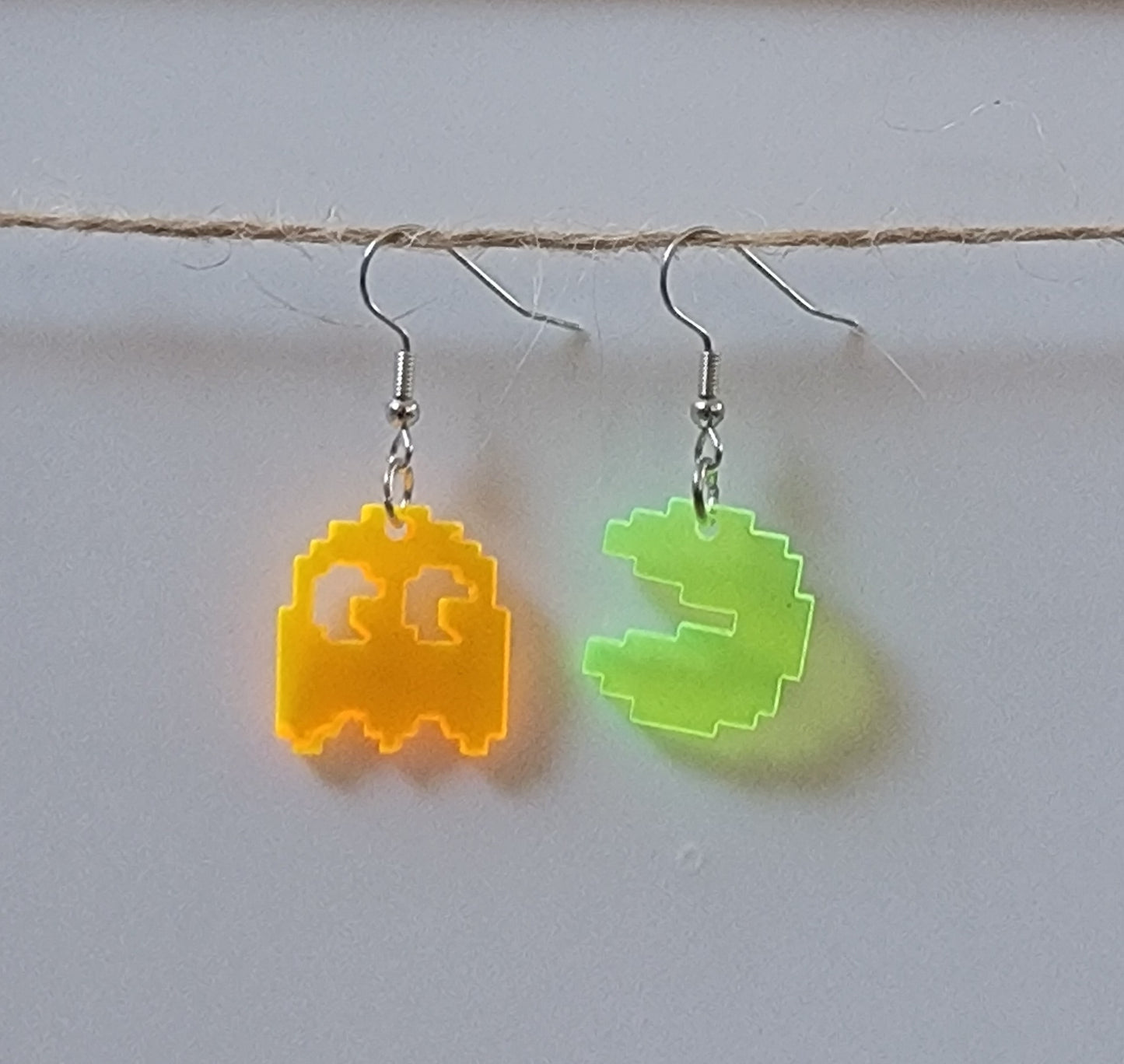 Acrylic Cut Out Pac Man Drop Hook Earrings Hypoallergenic Ear Wires Novelty