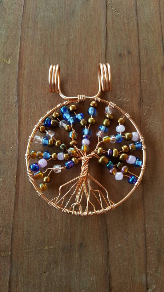 Pure Copper Twisted Wire Beaded Tree of Life Pendant Wrapped Wire Glass Beads