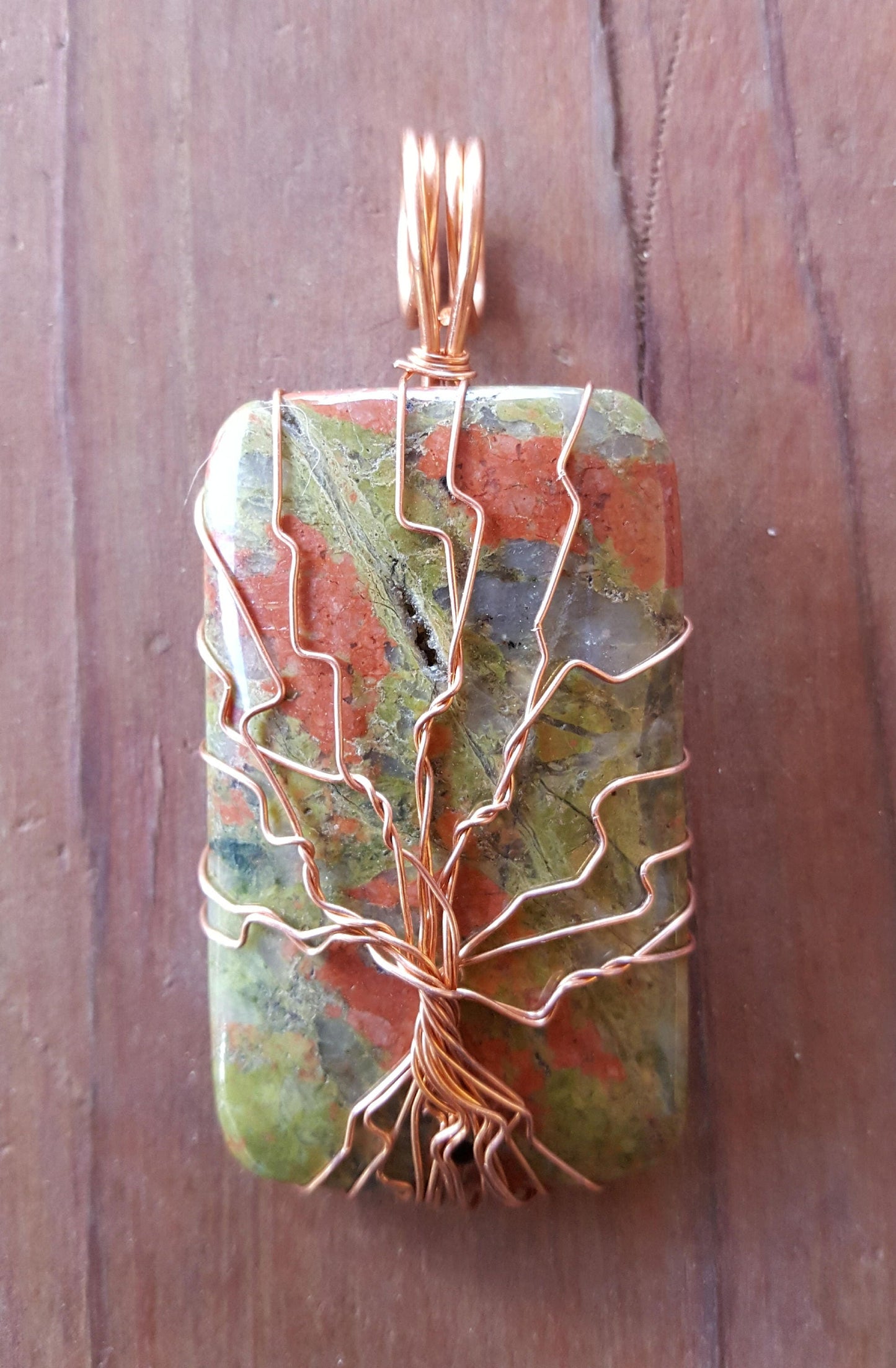 Pure Copper Twisted Wire Tree of Life Pendant Wrapped Wire Green Rose Agate