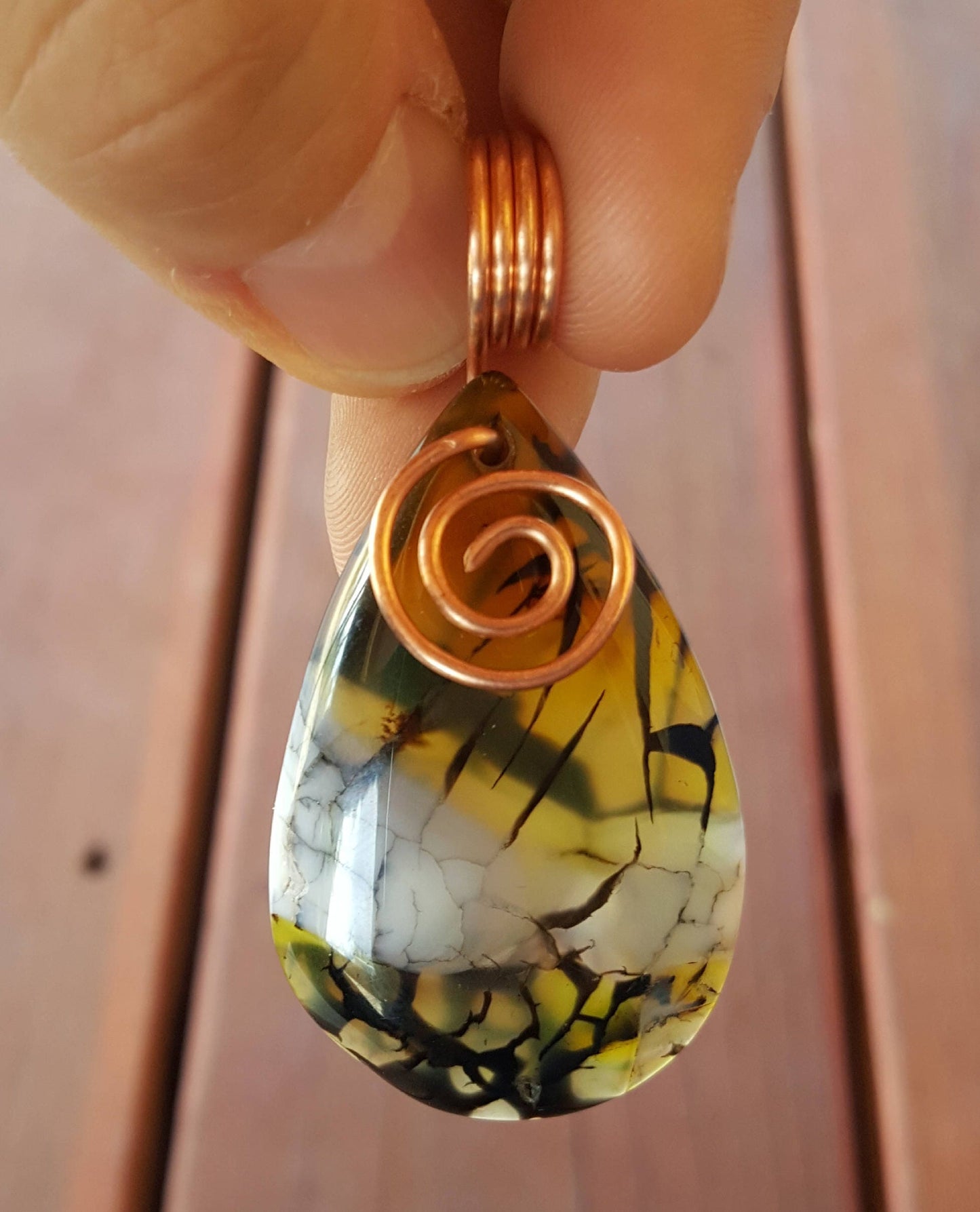 Pure Copper Twisted Wire Wrapped Teardrop Pendant Black White Yellow Agate