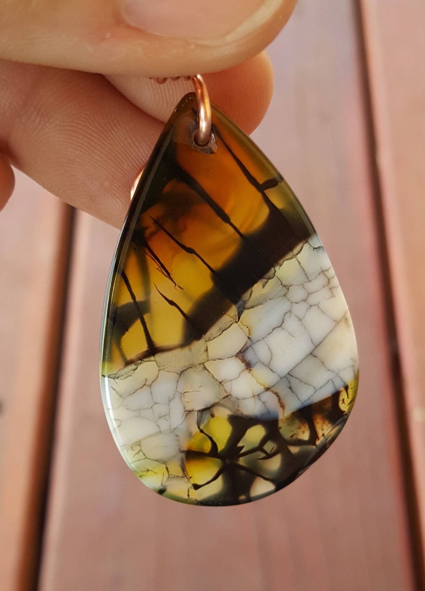 Pure Copper Twisted Wire Wrapped Teardrop Pendant Black White Yellow Agate