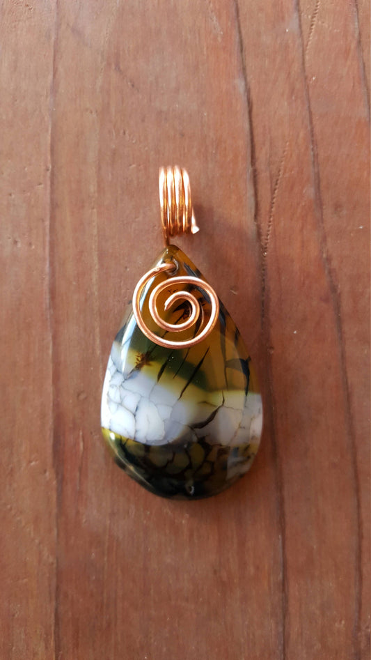 Pure Copper Twisted Wire Wrapped Teardrop Pendant Black White Yellow Agate