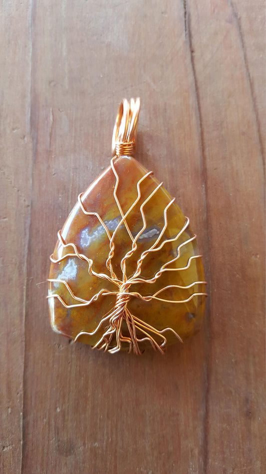 Pure Copper Twisted Wire Tree of Life Pendant Wrapped Wire Pear Shaped Brown Blue Moss Agate