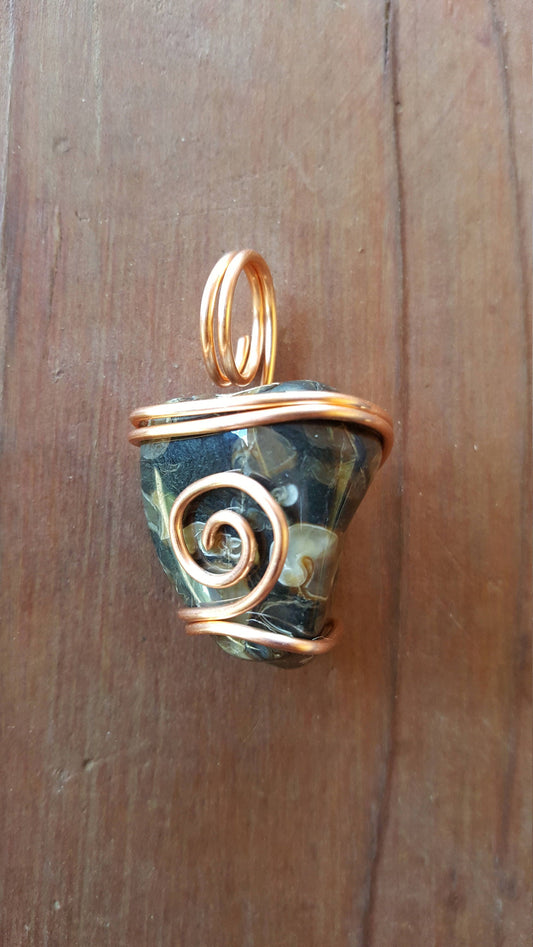 Pure Copper Twisted Wire Pendant Wrapped Wire Black Gray White Turritella Fossil Shell Agate