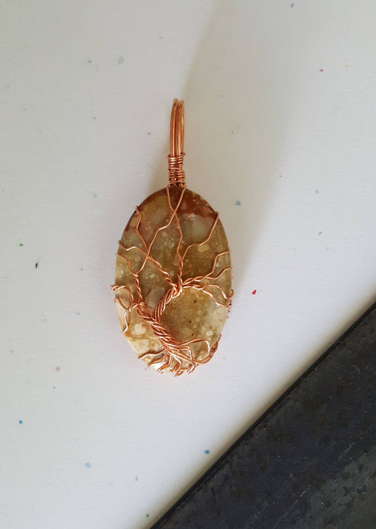 Pure Copper Twisted Wire Tree of Life Pendant Wrapped Wire Oval Shaped Brown Red Picture Jasper