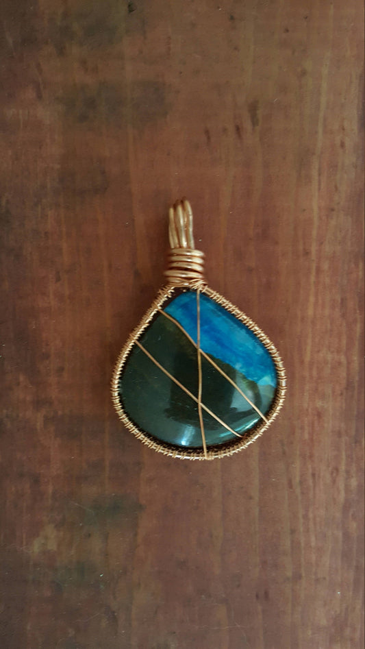 Pure Copper Woven Wire Framed Pendant Wrapped Wire Teardrop Calcedony Quartz & Jasper Cabochon