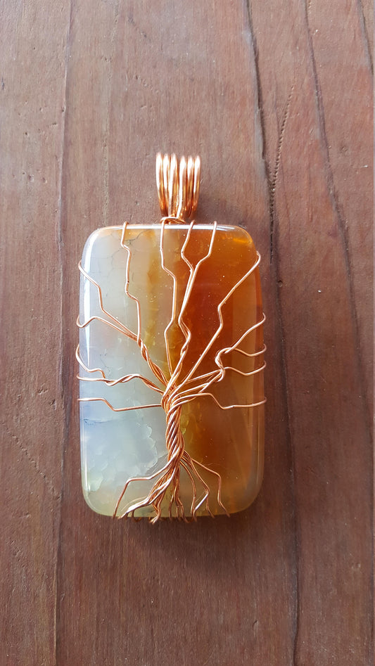 Pure Copper Twisted Wire Tree of Life Pendant Wrapped Wire Rectangle Brown White Agate