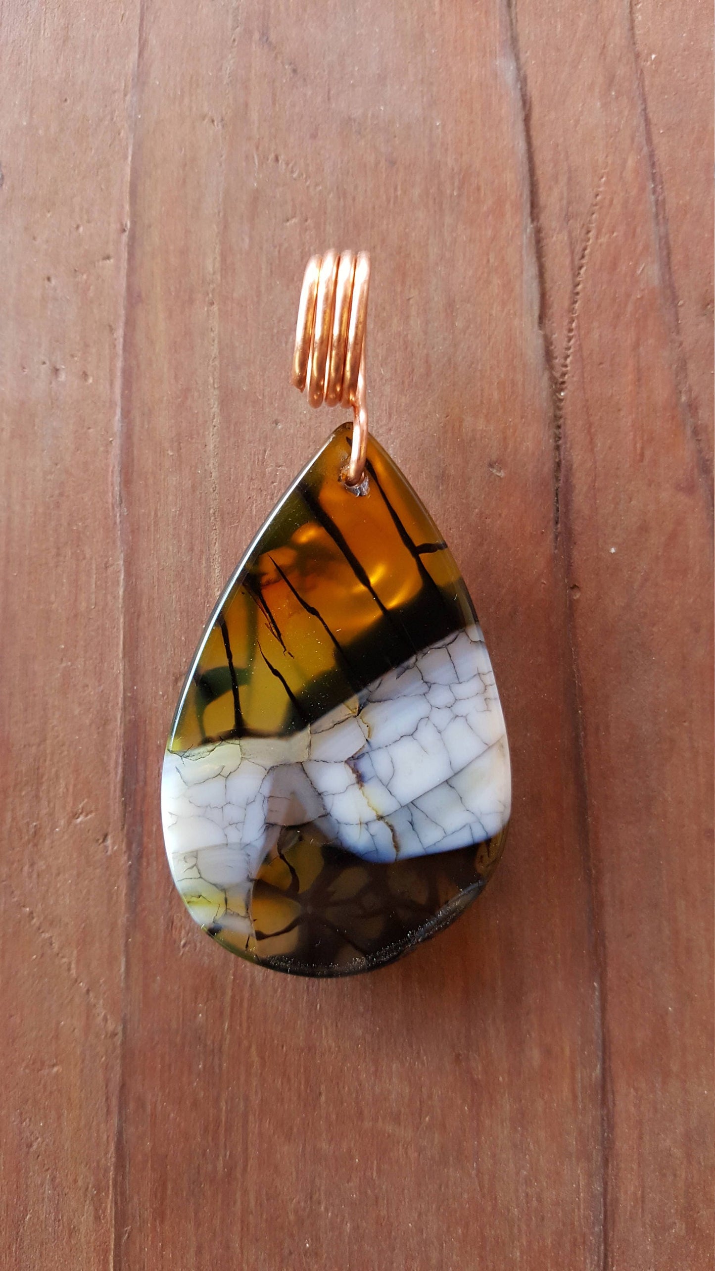 Pure Copper Twisted Wire Wrapped Teardrop Pendant Black White Yellow Agate