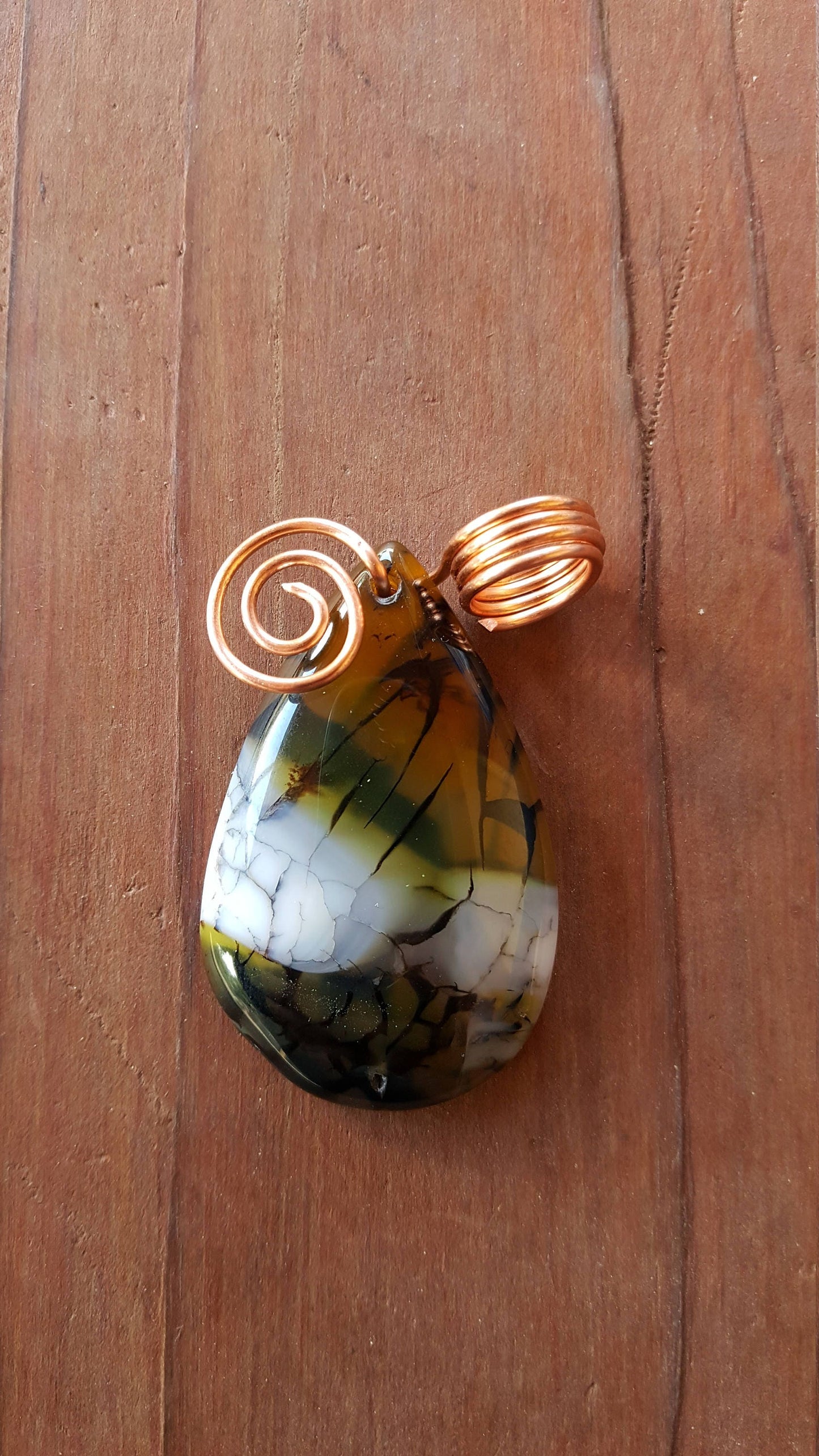 Pure Copper Twisted Wire Wrapped Teardrop Pendant Black White Yellow Agate