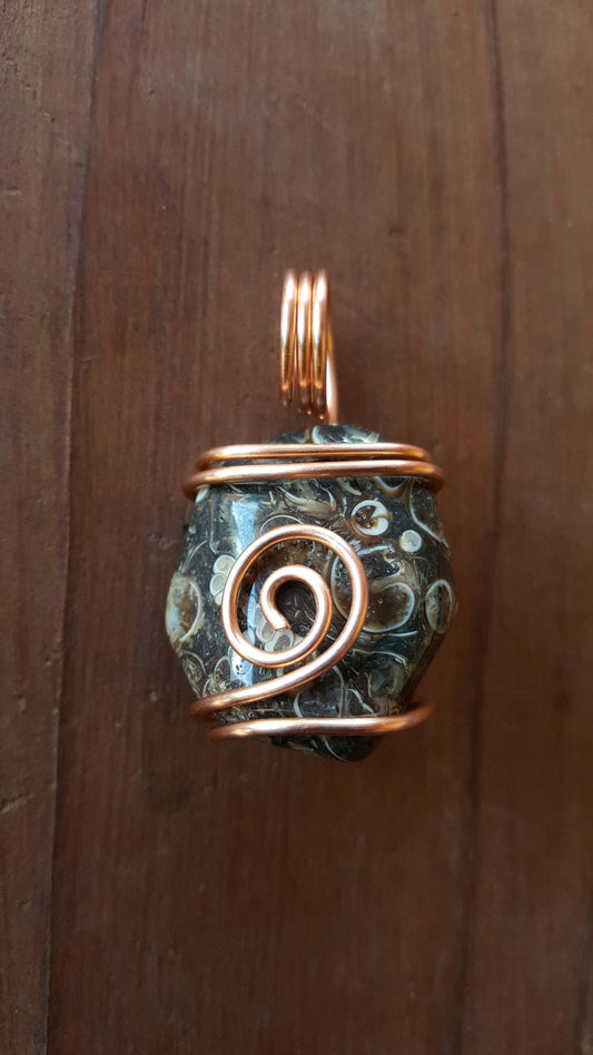 Pure Copper Twisted Wire Pendant Wrapped Wire Black Gray White Turritella Fossil Shell Agate