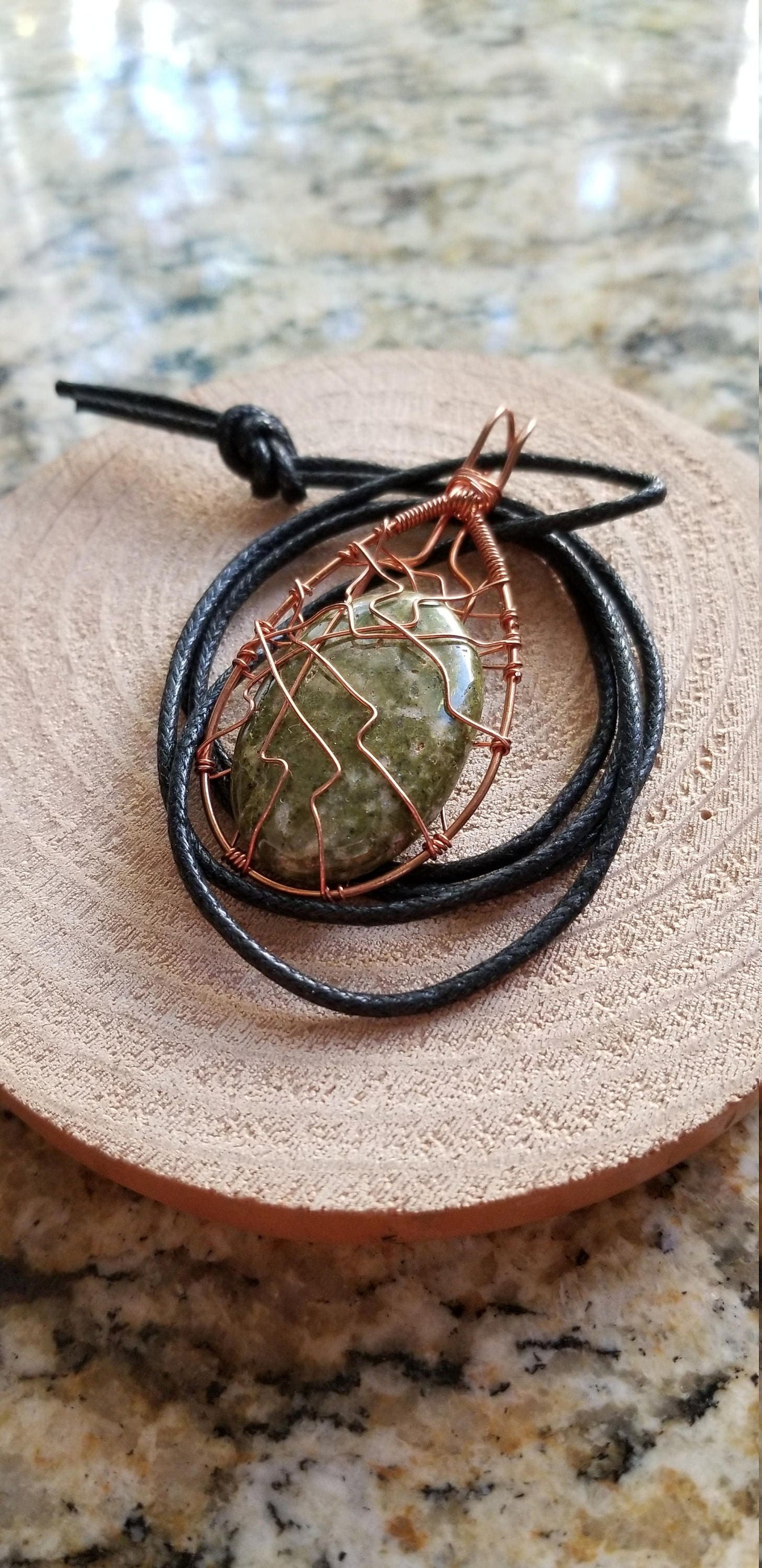 Pure Copper Twisted Wire Pendant Wrapped Wire Oval Shaped Green White Jasper Quartz