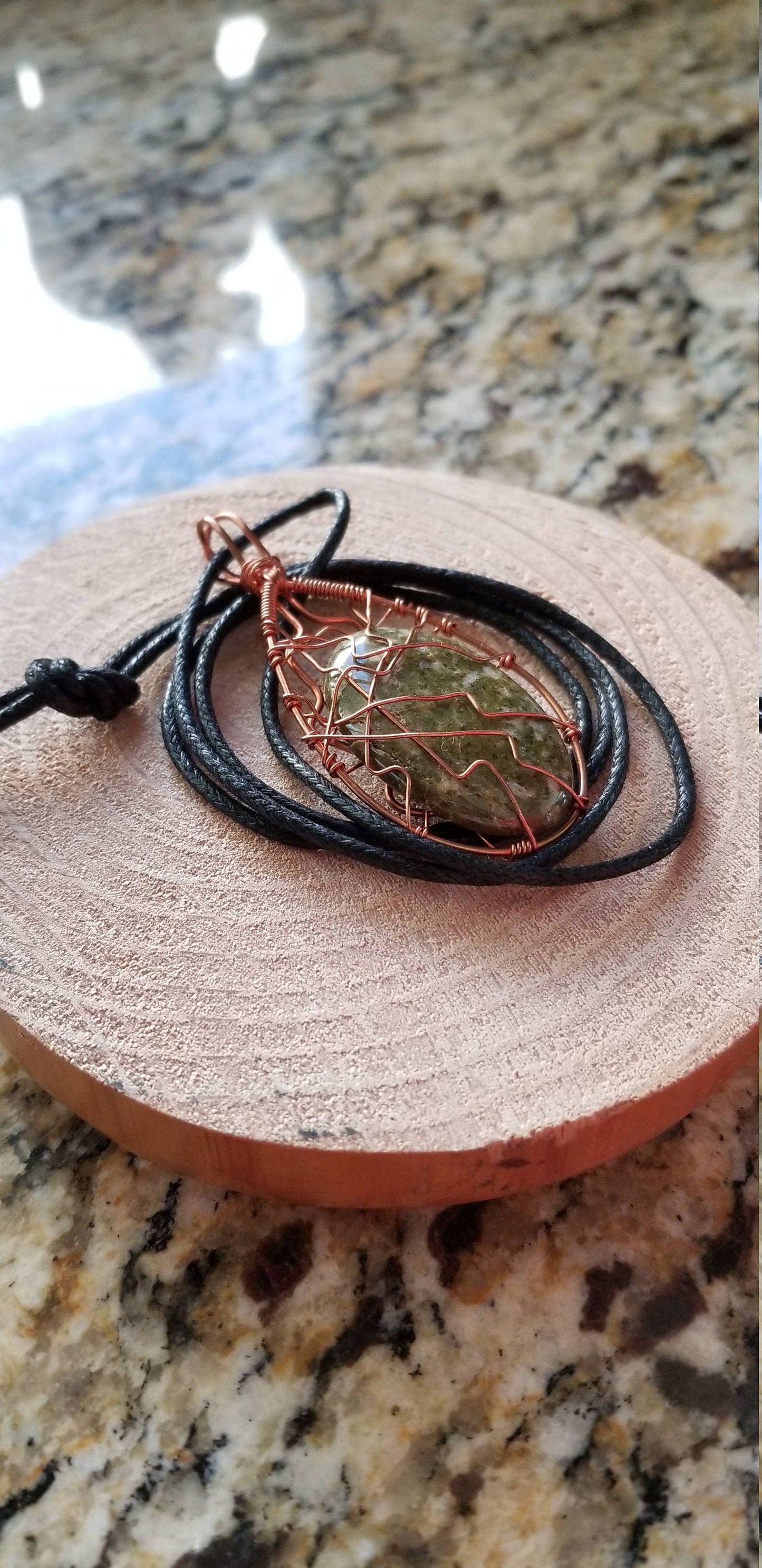 Pure Copper Twisted Wire Pendant Wrapped Wire Oval Shaped Green White Jasper Quartz