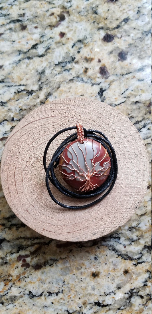 Pure Copper Twisted Wire Tree of Life Pendant Wrapped Wire Round Red and Gray Jasper Stone