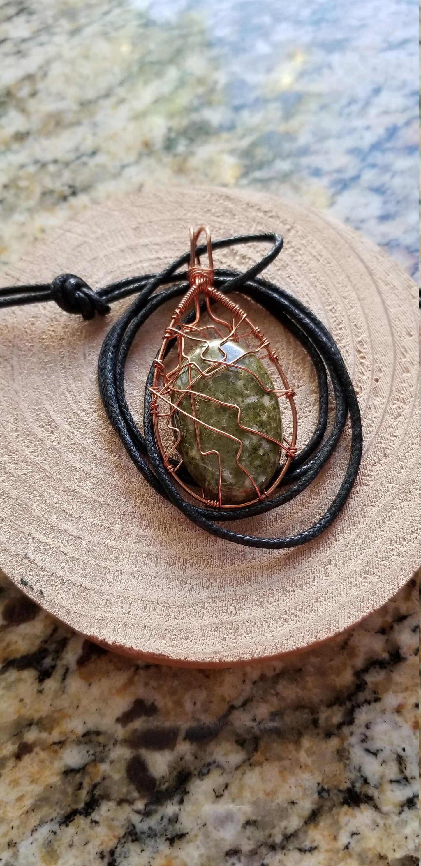 Pure Copper Twisted Wire Pendant Wrapped Wire Oval Shaped Green White Jasper Quartz