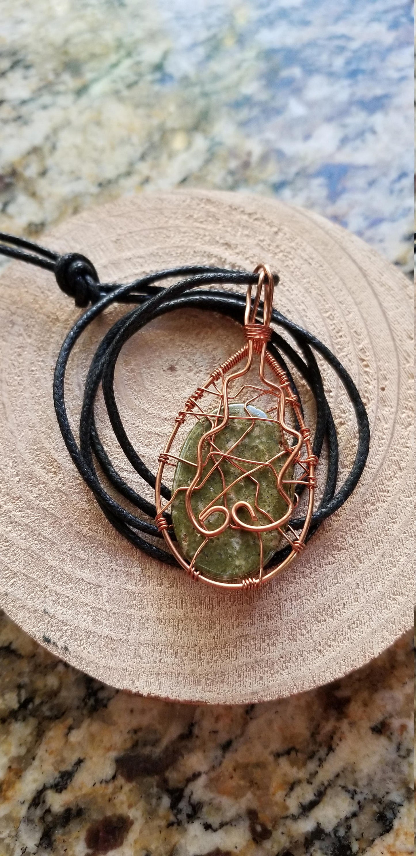 Pure Copper Twisted Wire Pendant Wrapped Wire Oval Shaped Green White Jasper Quartz