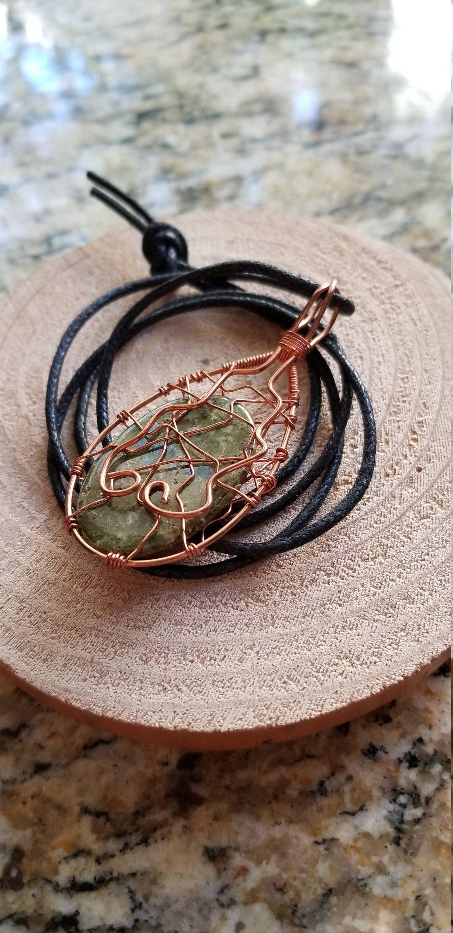 Pure Copper Twisted Wire Pendant Wrapped Wire Oval Shaped Green White Jasper Quartz