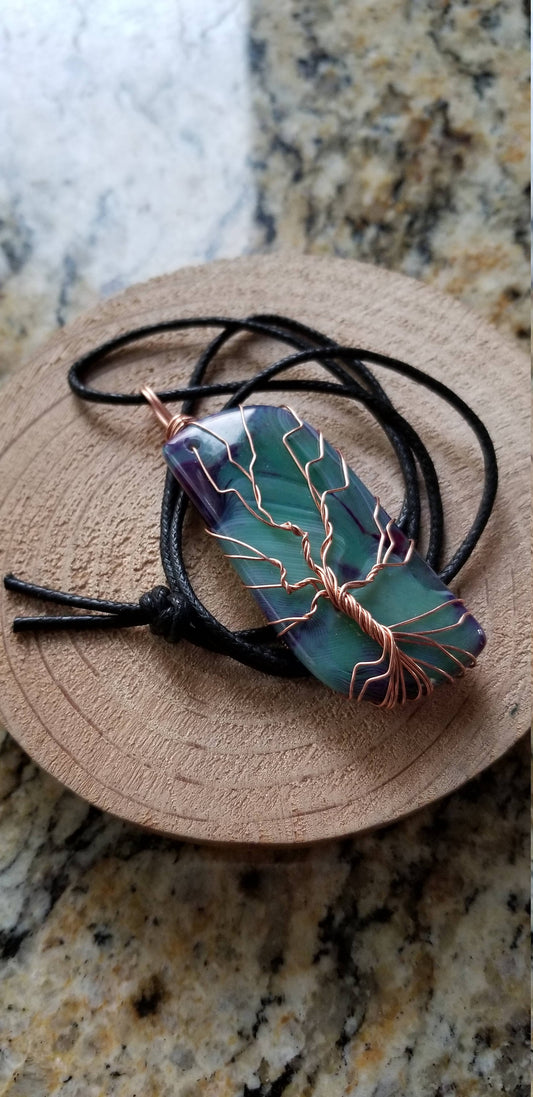 Pure Copper Twisted Wire Tree of Life Pendant Wrapped Wire Oblong Shaped Blue Green Quartz