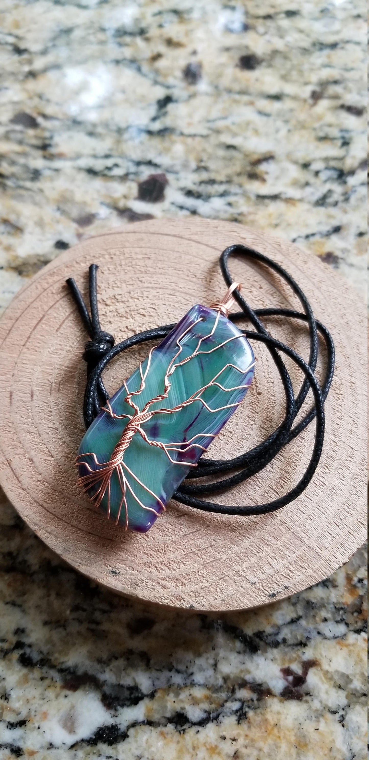 Pure Copper Twisted Wire Tree of Life Pendant Wrapped Wire Oblong Shaped Blue Green Quartz