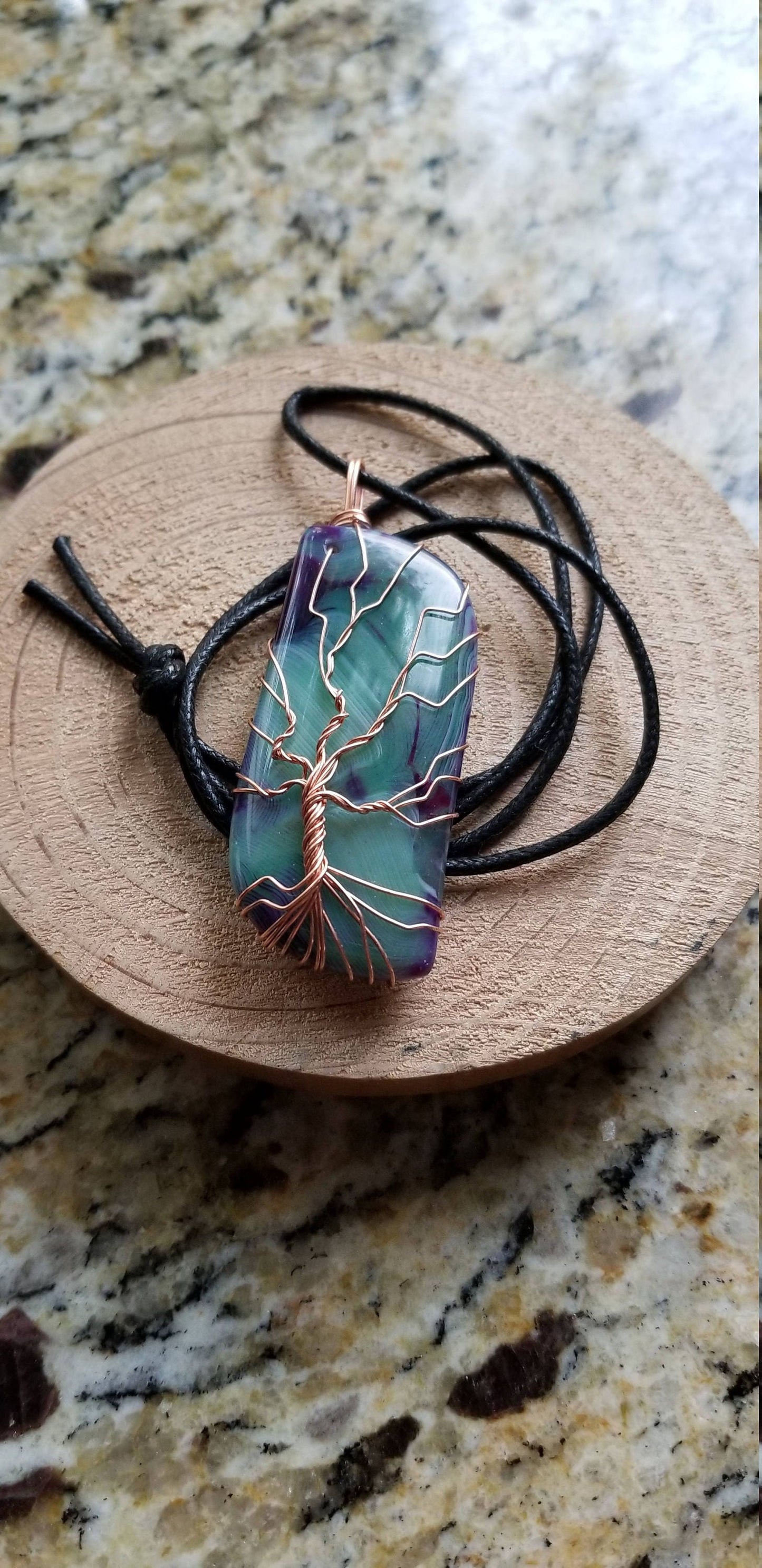 Pure Copper Twisted Wire Tree of Life Pendant Wrapped Wire Oblong Shaped Blue Green Quartz