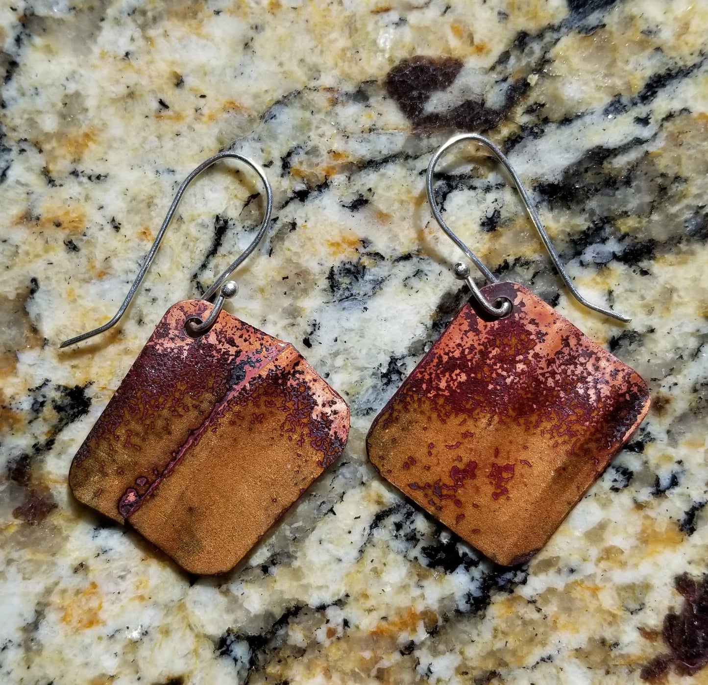 Folded Textured Copper With Brown Enamel Patina Drop Earrings Argentium Silver Hooks