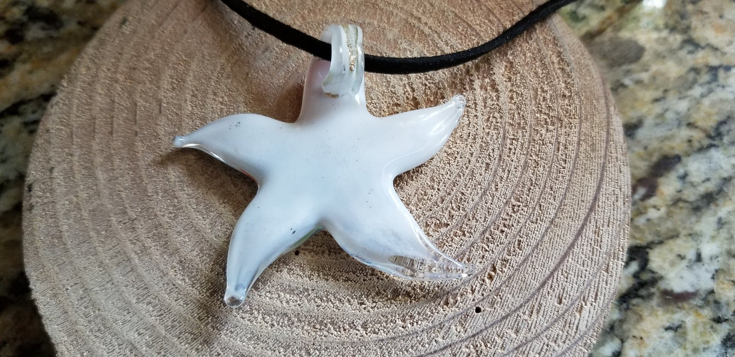 White Red Orange Blue Glass Star Pendant with Faux Leather Cord Necklace