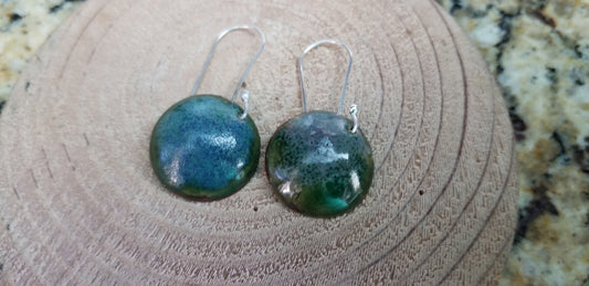 Domed Copper Discs With Speckled Green Blue Textured Enamel Drop Earrings Fine Silver Hooks