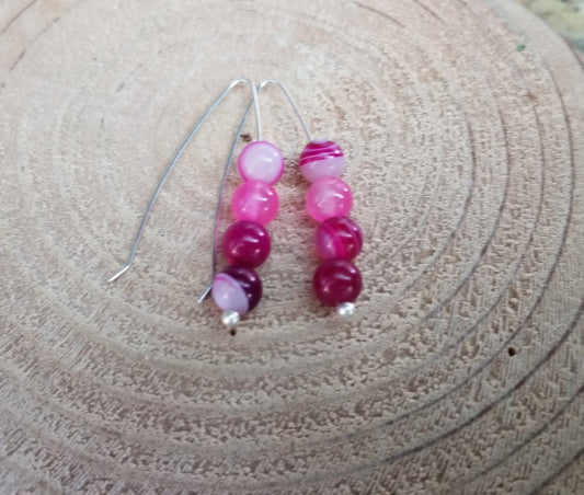 Pink Quartz Beaded Elbow Bend Drop Earrings Fine Silver Hooks