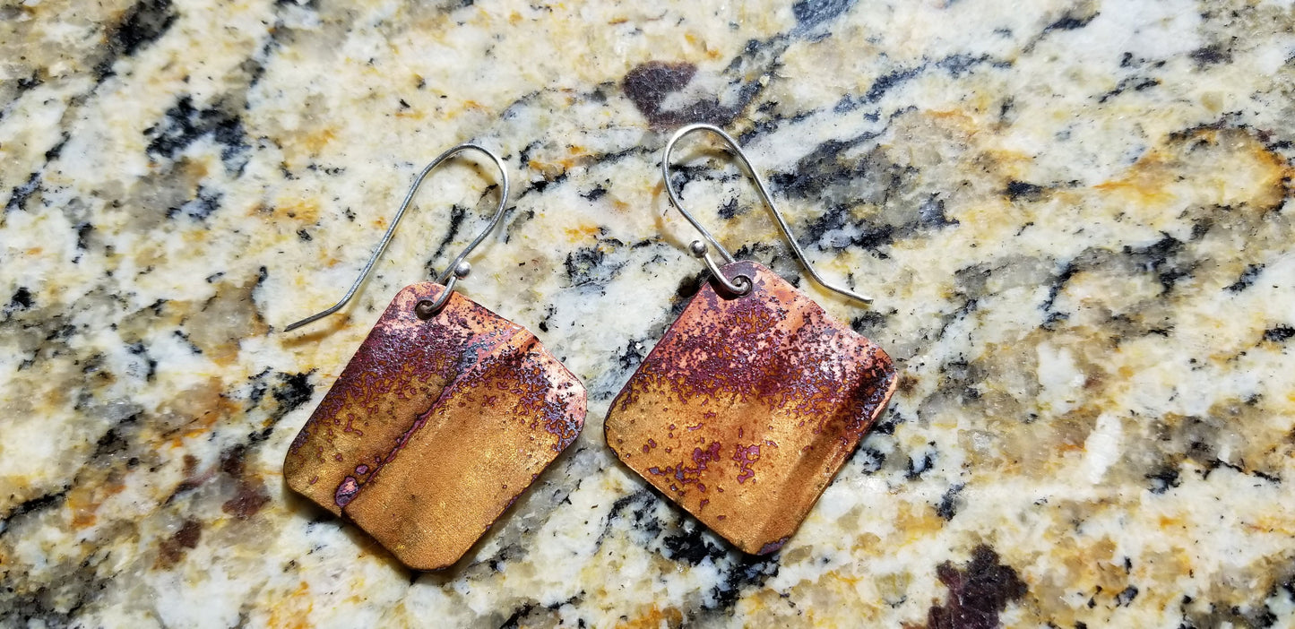 Folded Textured Copper With Brown Enamel Patina Drop Earrings Argentium Silver Hooks