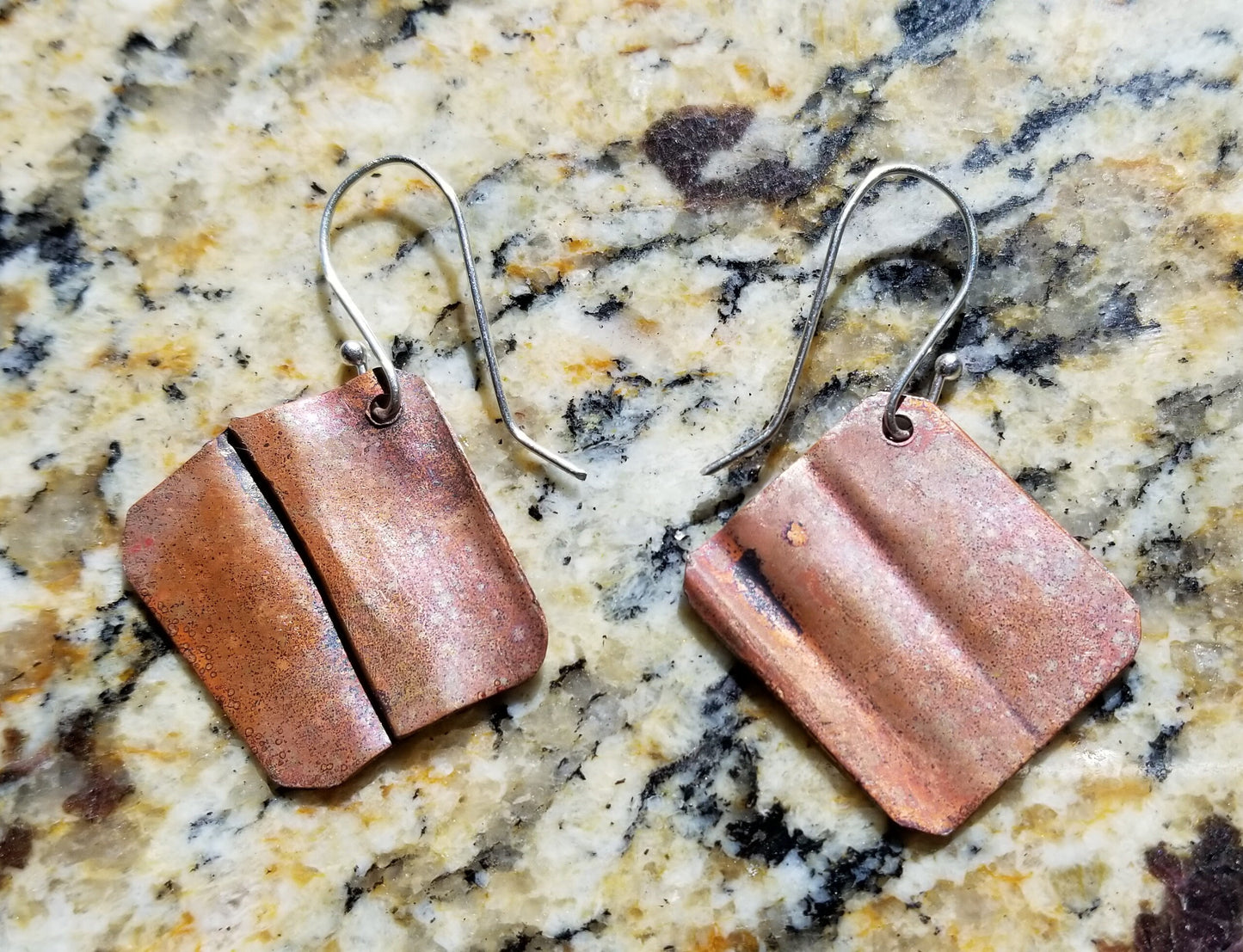 Folded Textured Copper With Brown Enamel Patina Drop Earrings Argentium Silver Hooks