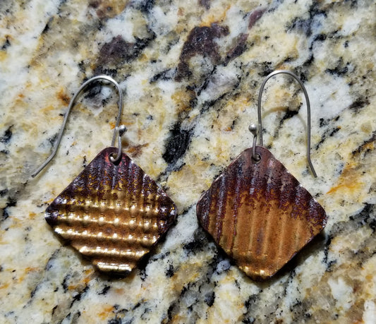 Folded Textured Copper With Brown Enamel Patina Drop Earrings Argentium Silver Hooks