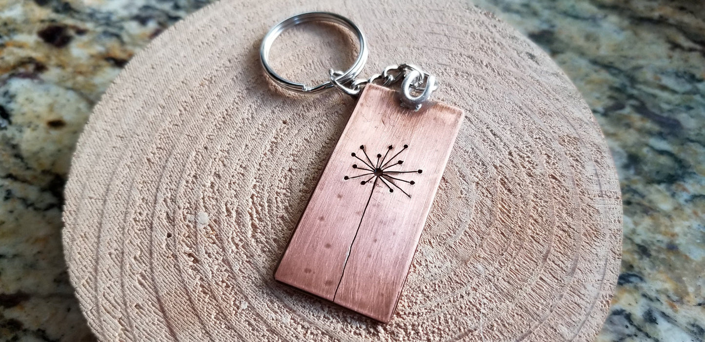 Copper Soldered Hand Cut Dandelion Flower Rectangular Split RIng Key Chain