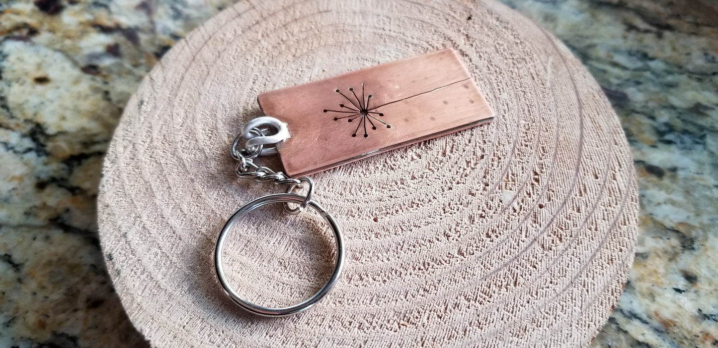 Copper Soldered Hand Cut Dandelion Flower Rectangular Split RIng Key Chain