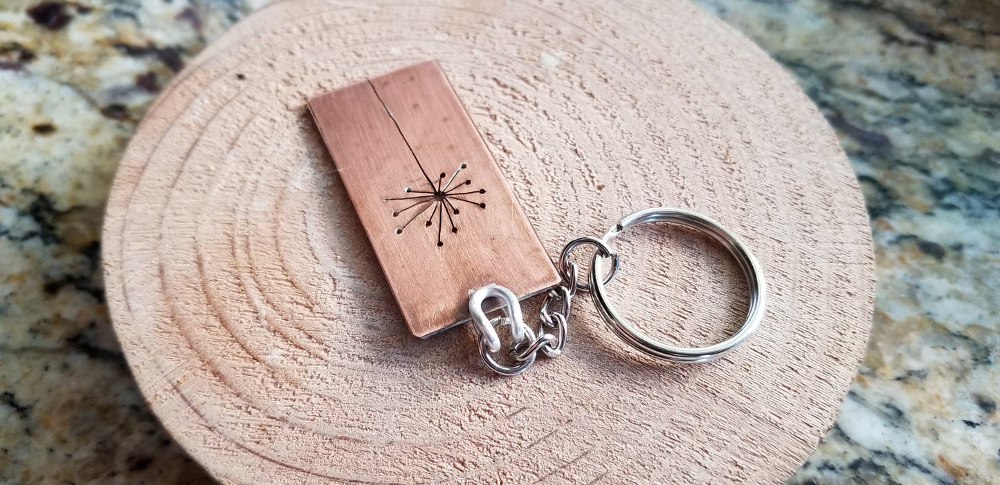 Copper Soldered Hand Cut Dandelion Flower Rectangular Split RIng Key Chain