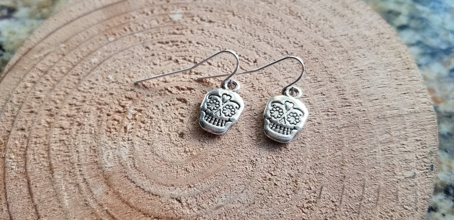 Sugar Skull Skeleton Cast Plated Earrings Sterling Silver Handmade Drop Hooks