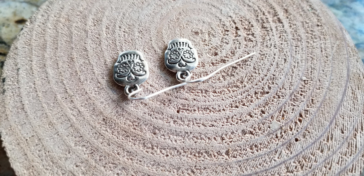 Sugar Skull Skeleton Cast Plated Earrings Sterling Silver Handmade Drop Hooks