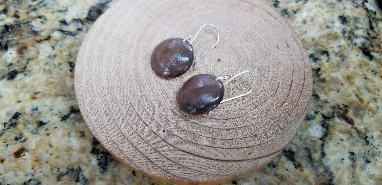 Domed Copper Discs With Mushroom Brown Enamel Drop Earrings Fine Silver Hooks