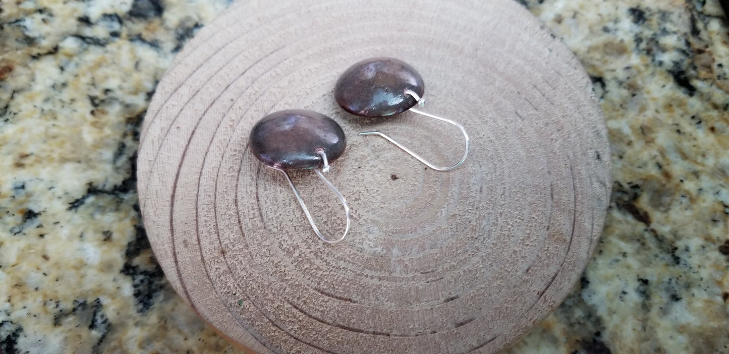 Domed Copper Discs With Mushroom Brown Enamel Drop Earrings Fine Silver Hooks