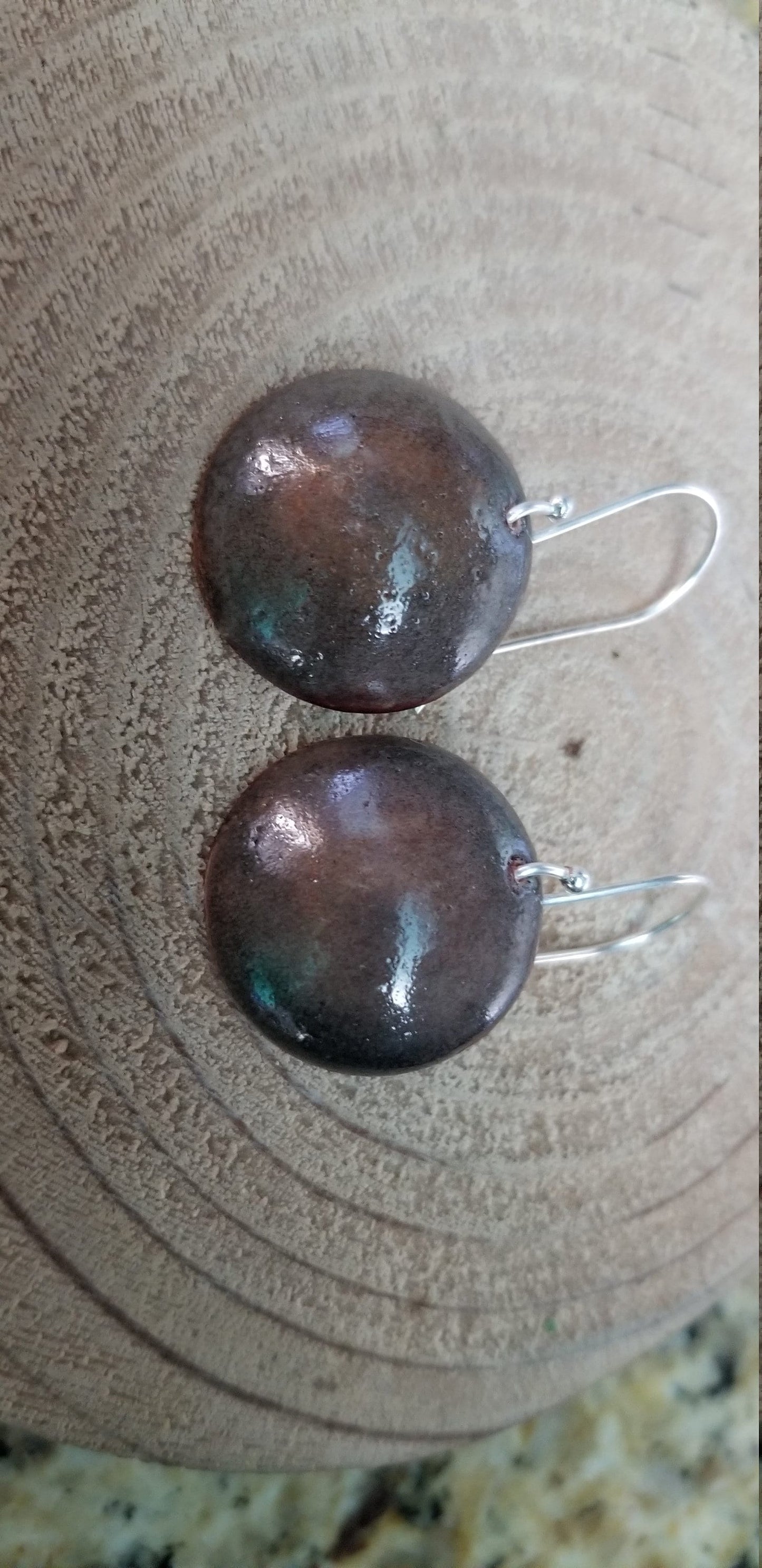 Domed Copper Discs With Mushroom Brown Enamel Drop Earrings Fine Silver Hooks