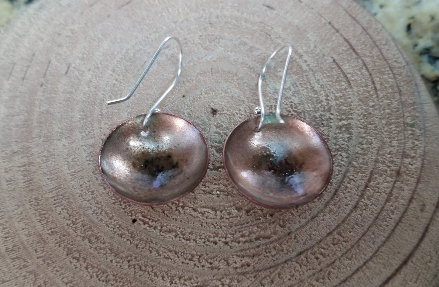 Domed Copper Discs With Mushroom Brown Enamel Drop Earrings Fine Silver Hooks