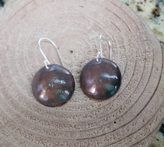 Domed Copper Discs With Mushroom Brown Enamel Drop Earrings Fine Silver Hooks