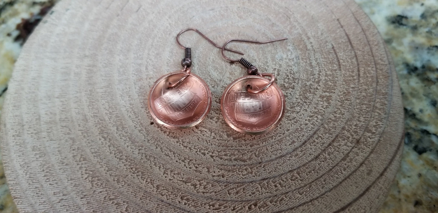 Domed Copper Penny Drop Earrings Patinaed Copper Nickel Free Hooks Penny