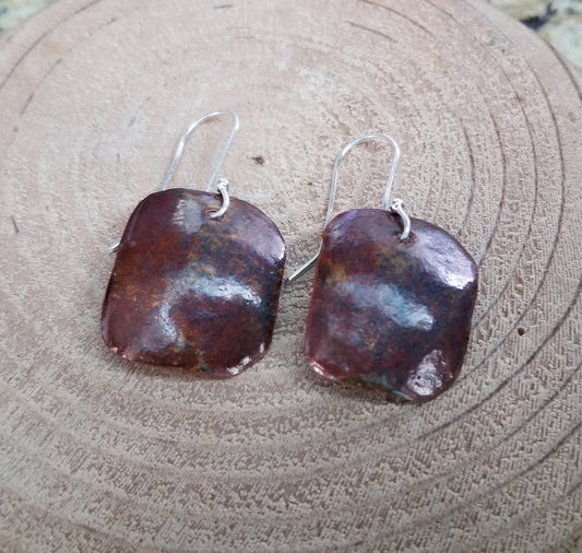 Domed Rectangular Copper Red Brown Blue Enameled Drop Earrings Fine Silver Hooks