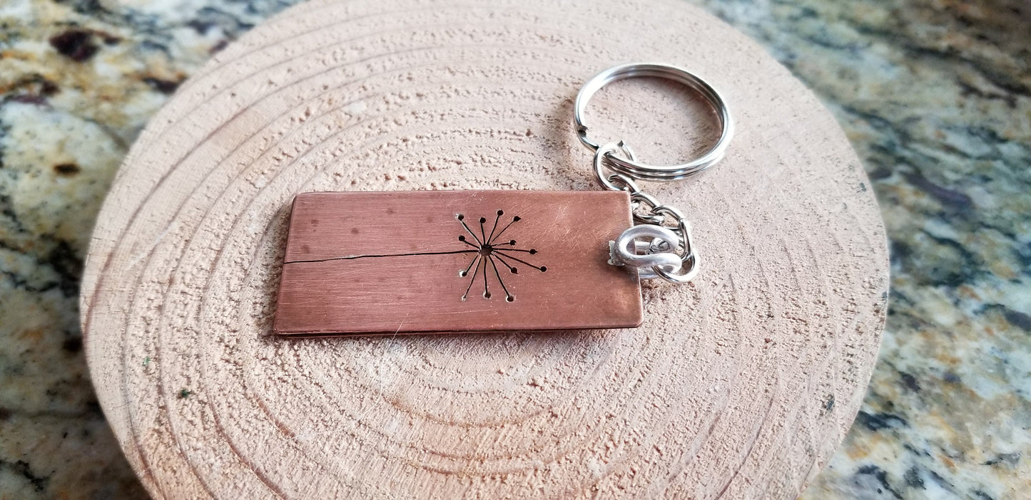 Copper Soldered Hand Cut Dandelion Flower Rectangular Split RIng Key Chain