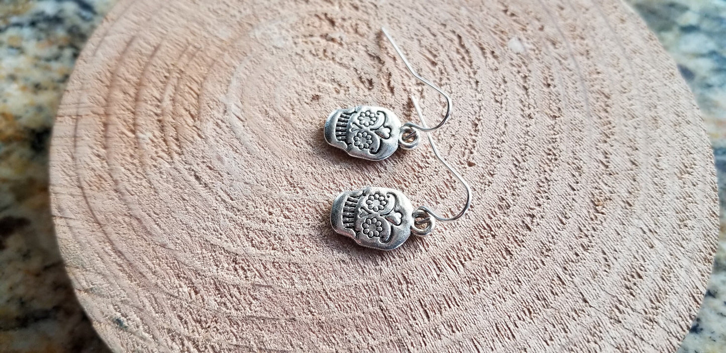 Sugar Skull Skeleton Cast Plated Earrings Sterling Silver Handmade Drop Hooks