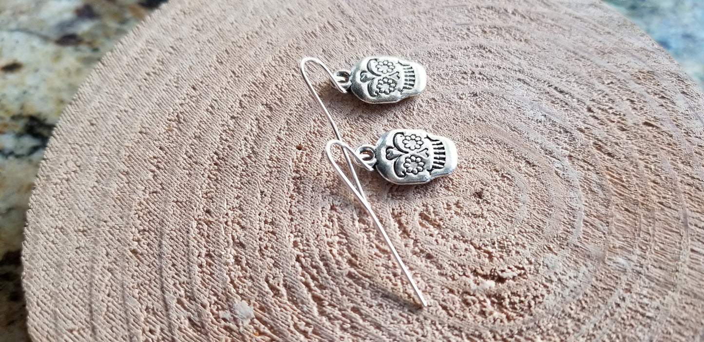 Sugar Skull Skeleton Cast Plated Earrings Sterling Silver Handmade Drop Hooks