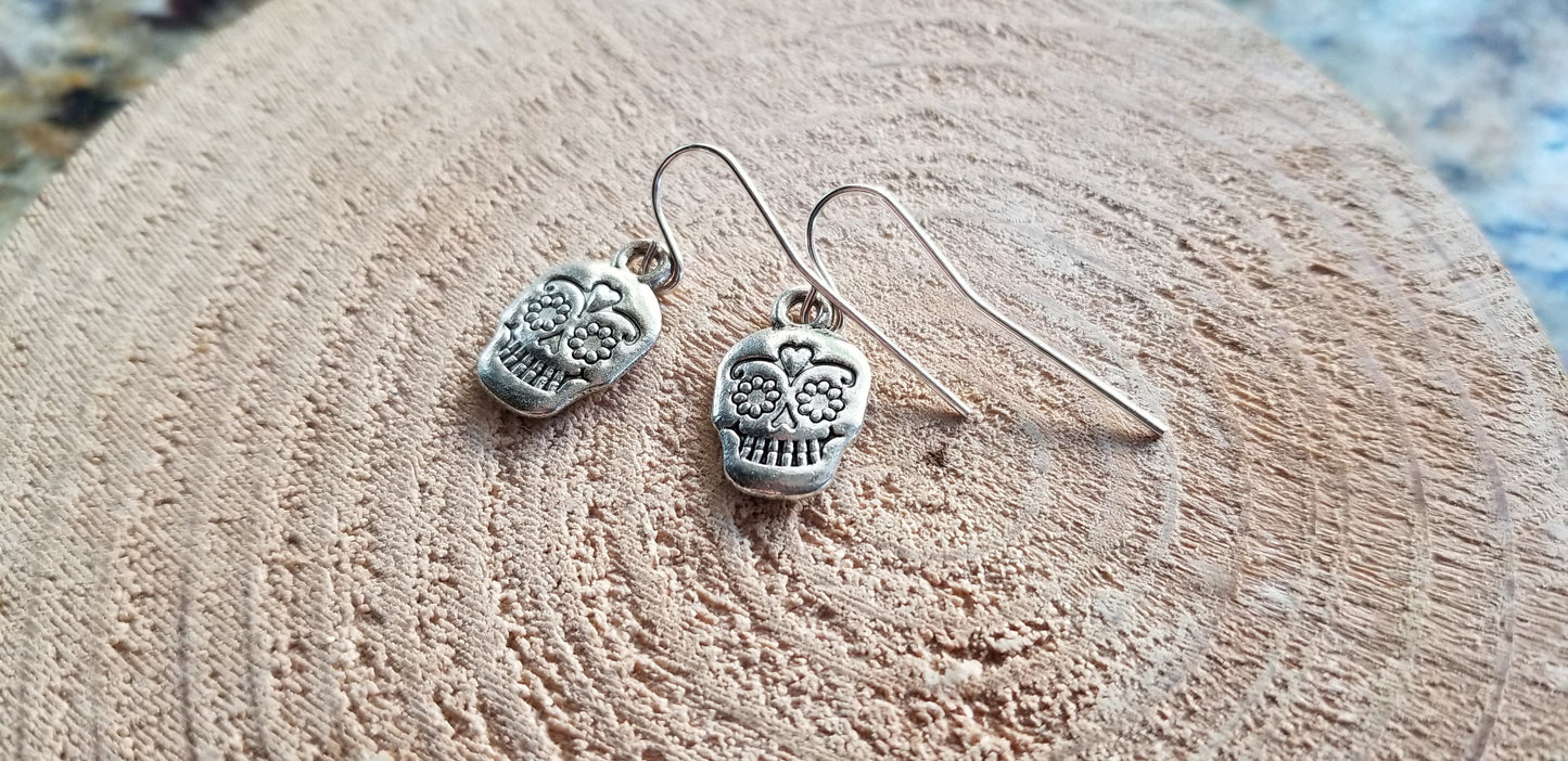 Sugar Skull Skeleton Cast Plated Earrings Sterling Silver Handmade Drop Hooks