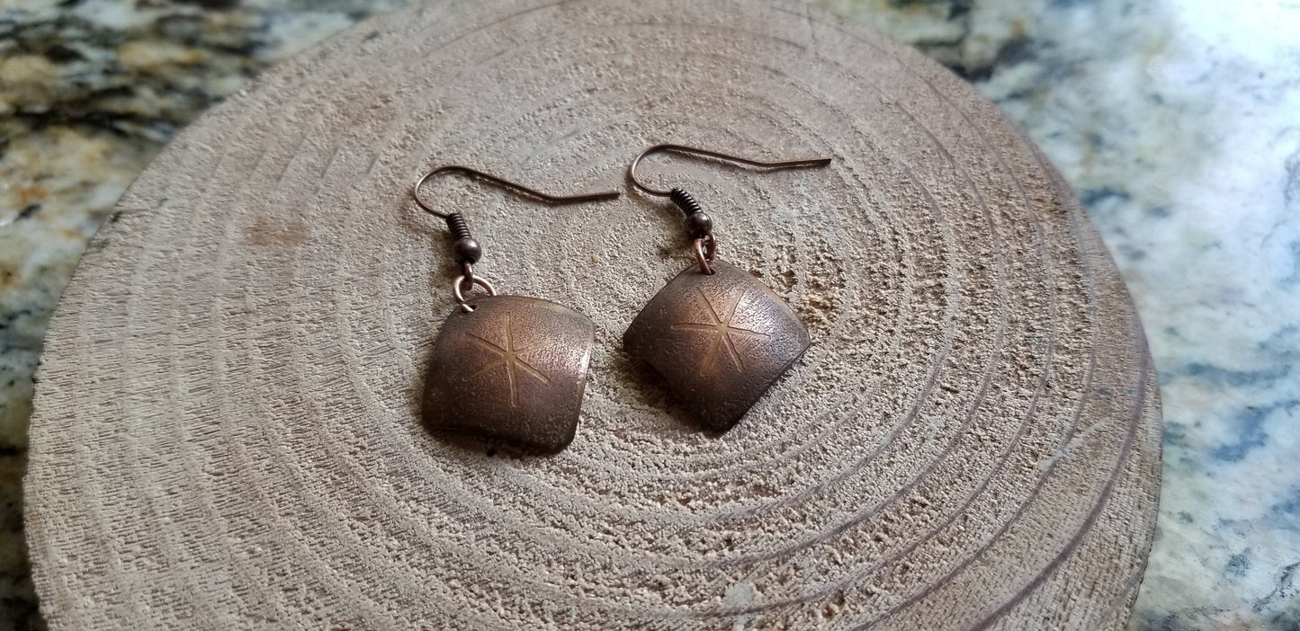 Brown Copper Domed Square Snowflake Etched Elbow Bend Drop Earrings Nickel Free Hooks