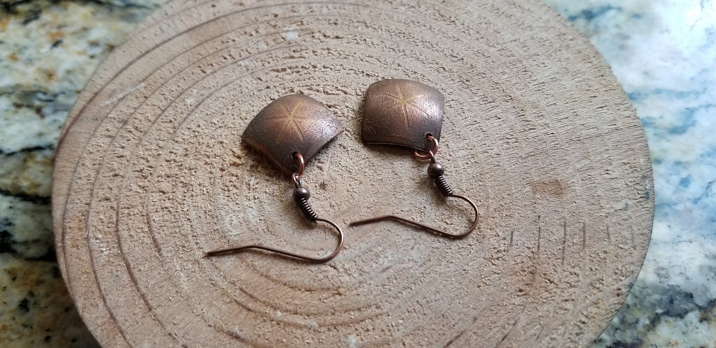 Brown Copper Domed Square Snowflake Etched Elbow Bend Drop Earrings Nickel Free Hooks