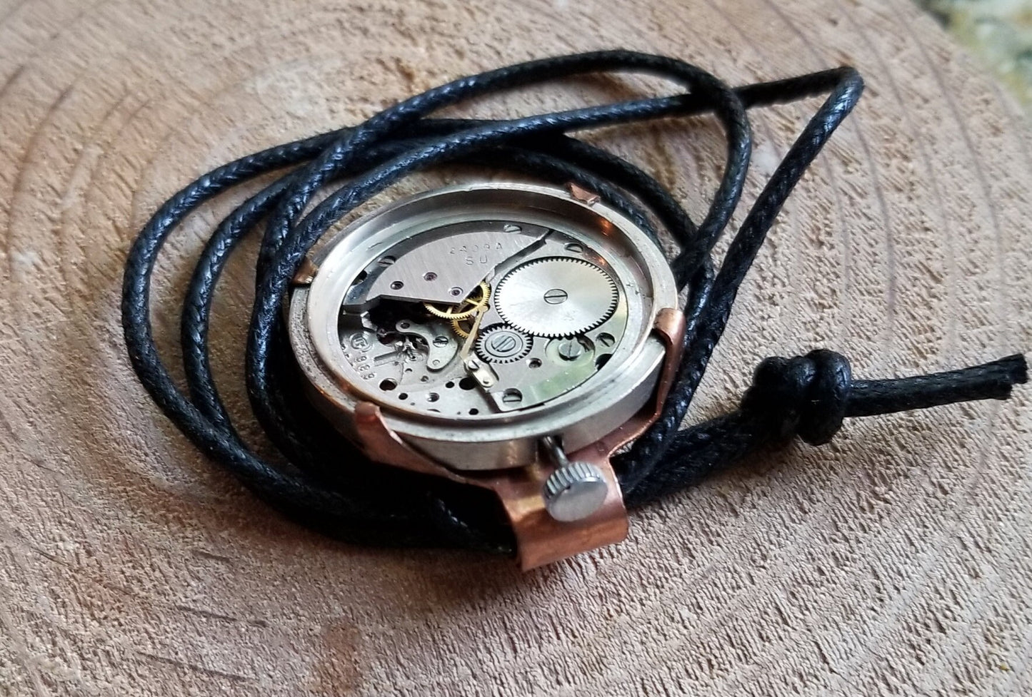 Pure Copper Prong Set Watch Movement Steampunk Pendant Cabochon Faux Leather Cord Clip